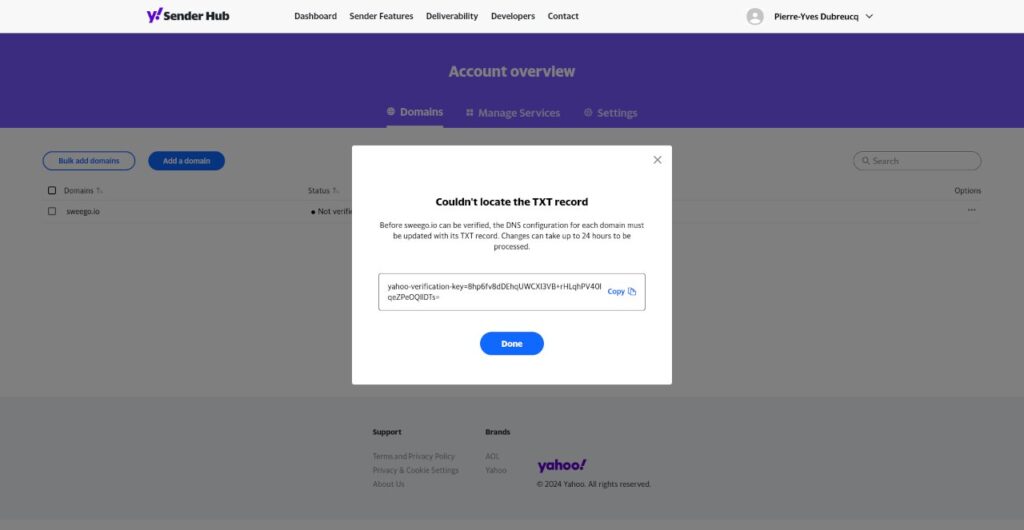 yahoo sender hub add txt record