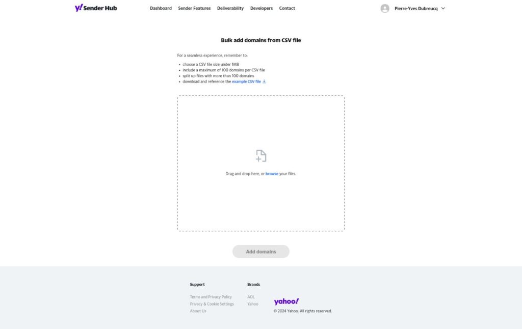 yahoo sender hub bulk add domain